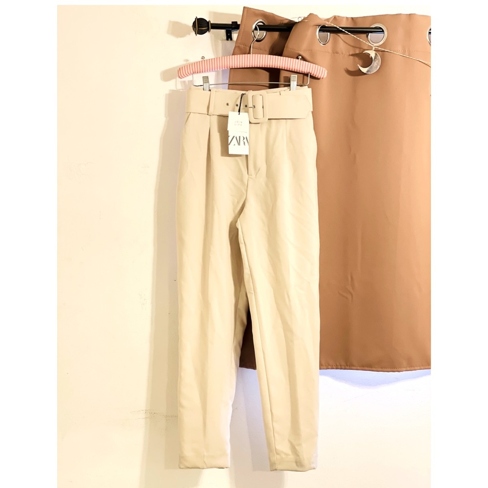 ZARA Beige Belted High Waist Tapered Trouser Pants - Picture 6 of 9